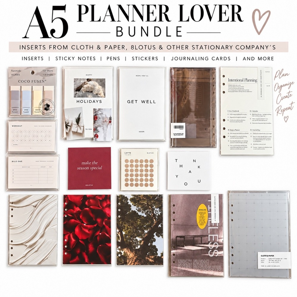 A5 Planner Bundle Cloth & Paper 8Lotus Inserts Dividers Sticky Notes Stationery